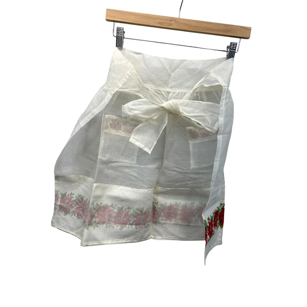 Vintage Half Apron Women White‎ Poinsettia Floral Christmas Sheer Pockets